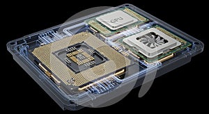 Advanced Computer Hardware: CPU, GPU, and Cooling System on Black Background