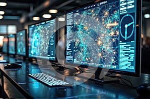 Advanced computer network system with data visualization in modern office