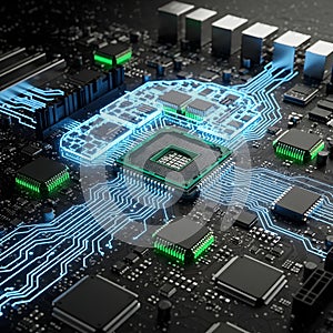 Advanced Computer Processor Board With Glowing Electronic Circuits