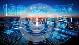 Futuristic Control Room with Multiple Screens and Interface