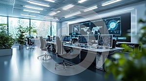 Advanced control room with holographic displays for data analysis modern office environment futuristic technology concept