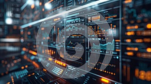 An advanced control room interface with multiple screens displaying various graphs, data analytics, and digital metrics,