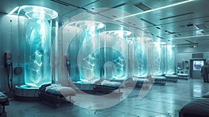 Advanced cryogenic storage system with illuminated chambers in a tech facility. Cryogenic Chambers for freezing bodies