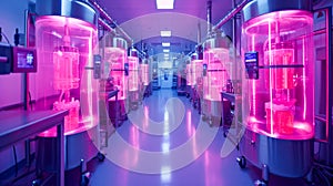 Advanced cryogenic storage system with illuminated chambers in a tech facility. Cryogenic Chambers for freezing bodies