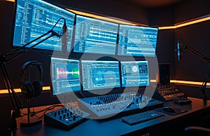 Advanced cyber security operations center with multiple monitors displaying complex data
