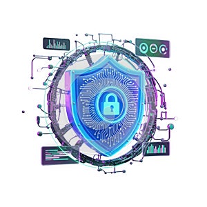 Advanced cybersecurity shield with digital encryption and network protection elements