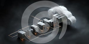 Advanced 3D cloud computing architecture with interconnected servers, seamless data flow, and AI-driven analytics for global