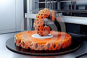 Advanced 3 d printer creating complex orange object with intricate lattice structure