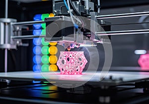 Advanced 3d printer creating a complex pink structure