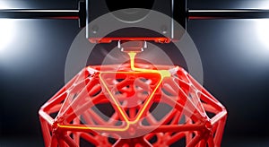 Advanced 3d printer creating a complex red geometric structure w