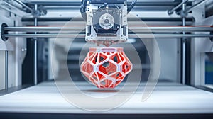 Advanced 3D Printing Technology Creating Innovative Orange Geometric Structure in Modern Workshop Space