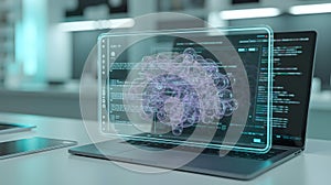 Advanced data analysis on high-tech laptop displaying complex network