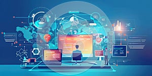 Advanced data analysis workspace with multiple screens displaying digital networks and analytics tools