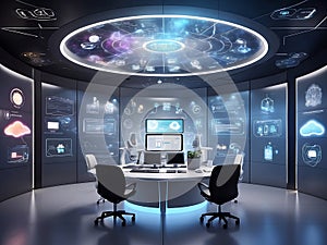 Advanced Data Analytics Center with High-Tech Monitors and Global Projections