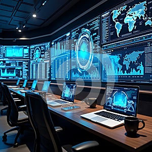 Advanced Data Analytics Center with High-Tech Monitors and Global Projections.