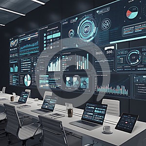 Modern Command Center with Real-Time Global Data Visualization on Multiple Screens.