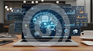 Advanced data analytics and neural network visualization on a modern laptop screen