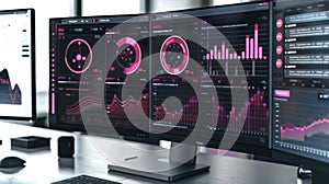 Advanced Data Analytics Setup Featuring Multiple Screens Displaying Graphs and Statistics in a Modern Workspace for
