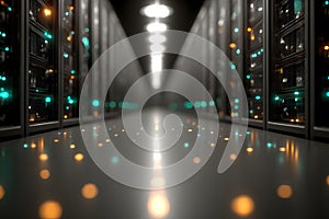 Advanced Data Center Infrastructure with Illuminated Servers in a Modern High-Tech Environment Generative AI