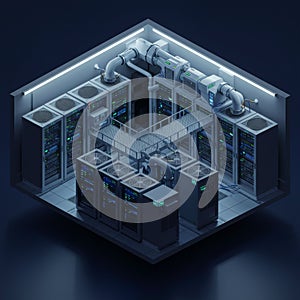 Advanced data center room featuring multiple server racks with LED indicators,
