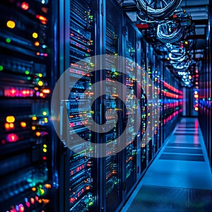 Advanced Data Center Server Racks with Illuminated Lights and Cable Management in a Modern Facility. Generative AI