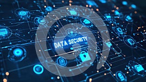 Advanced data security technology with interconnected icons and glowing lines in a digital landscape