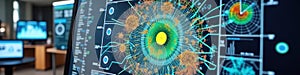 Advanced data visualization showing complex network analysis on interactive screen