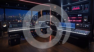 Advanced digital control room with multiple monitors and illuminated interfaces, representing high-tech operations, data, and