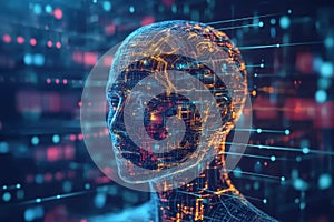 Advanced digital humanoid head with a network of glowing circuits and data streams