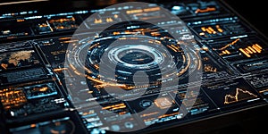 Advanced digital interface displaying complex data visualizations and analytics in a futuristic design