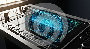 Advanced Digital Navigation System Interface With Futuristic Glowing Blue Network Data Visualization Close Up