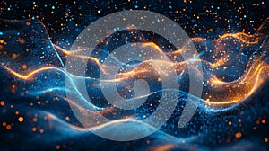 An advanced digital network with neon lights and shining binary code.