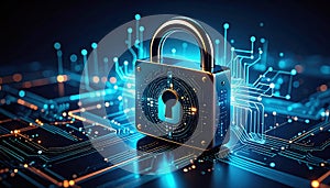 Advanced digital security lock on circuit board with glowing data network background