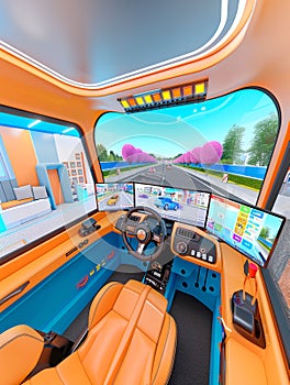 An advanced driving simulator setup with multiple screens and controls, focused on skill enhancement for professional drivers photo