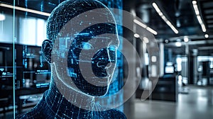 Advanced facial recognition technology is displayed showing high-tech scanning process