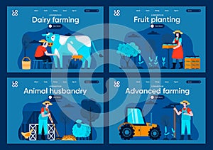 Advanced farming flat landing pages set. Agricultural workers milking cow and plant seedlings scenes for website or CMS