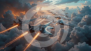 Advanced Fighter Jet Squadron Flying Through Dramatic Stormy Clouds