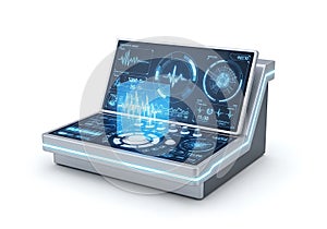 Advanced futuristic control panel with holographic displays and interactive touchscreen interface