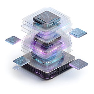 Advanced Futuristic Data Processing Stack with Glowing Layers Representing Artificial Intelligence Cloud Computing and High