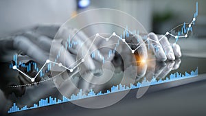 Futuristic hands interacting with digital data graphs on tablet screen, showcasing technology, finance, and analytics in
