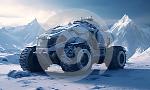 Advanced heavy military vehicles in a snowy ice environment, AI generative