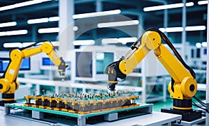 Advanced High Precision Robot Arms on Fully Automated PCB Assembly Line Inside Modern Electronics Factory.