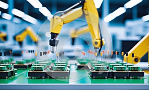 Advanced High Precision Robot Arms on Fully Automated PCB Assembly Line Inside Modern Electronics Factory.