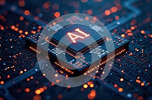 Circuit Board CPU Microchip Starting AI Visualization of Neural Networking. Digital connectors CPU