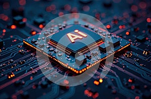 Circuit Board CPU Microchip Starting AI Visualization of Neural Networking. Digital connectors CPU
