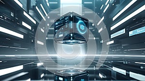 Futuristic data cube with digital interface floating in abstract server room environment