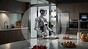Advanced household robot assistant preparing food in a modern kitchen setting
