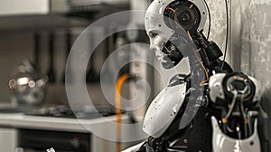 Advanced Humanoid Android Robot Working at a Computer in a Modern Kitchen