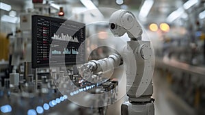 Advanced humanoid robot operating control panel in factory