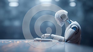 Advanced humanoid robot using a futuristic computer, showcasing the potential of artificial intelligence in a modern and